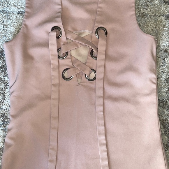 Sold❌Pink Plain Deep V Neck Cross String Eyelet Lace Up Sleeveless dress - Picture 6 of 6